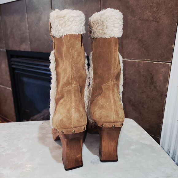 MIA Sz9 Y2K Tan Suede Faux Shearling Trim Retro Boho Hippie Wood Heel Clog Boots - Picture 8 of 11
